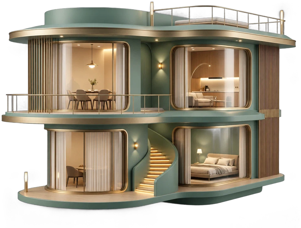 A miniature house floating in mid-air with every room lit, TIMG's brand image for OEM and ODM lighting production