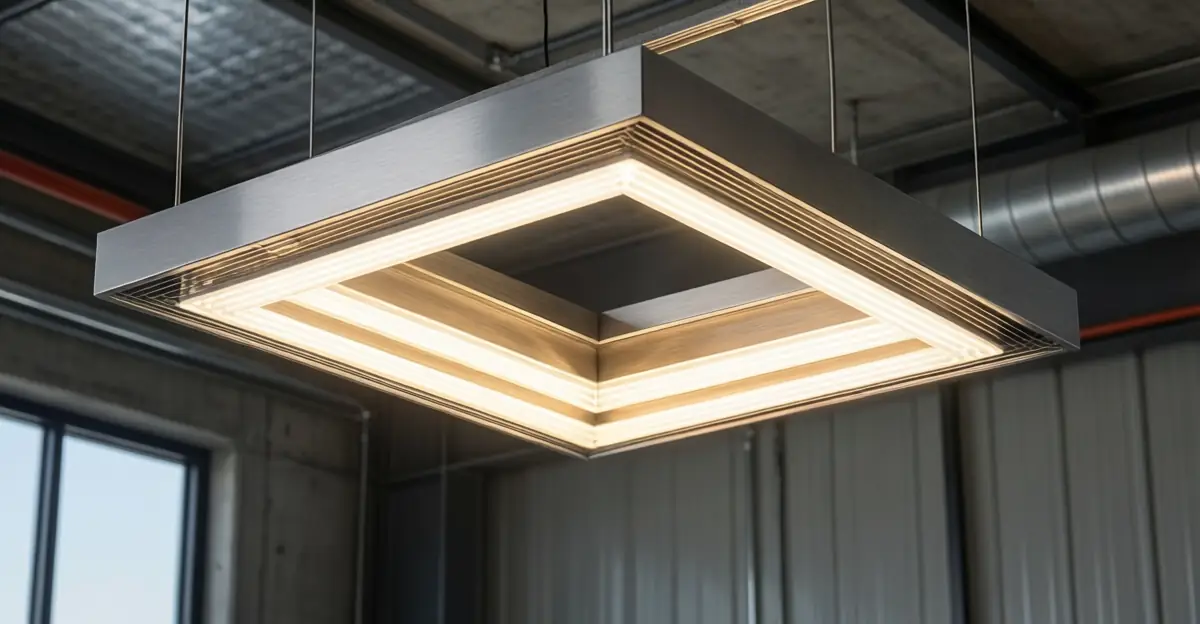 Modern commercial LED fixture delivering high lumens-per-watt efficiency in an industrial warehouse setting