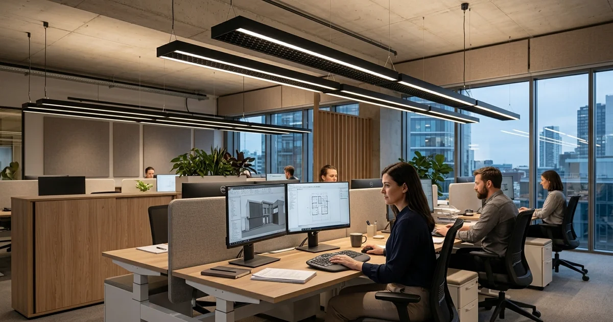 Modern office interior showing low UGR linear lighting layout