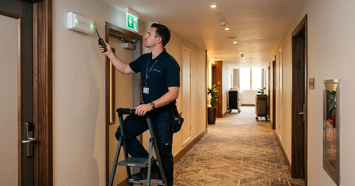 Technician checking emergency lighting test indicators during commissioning
