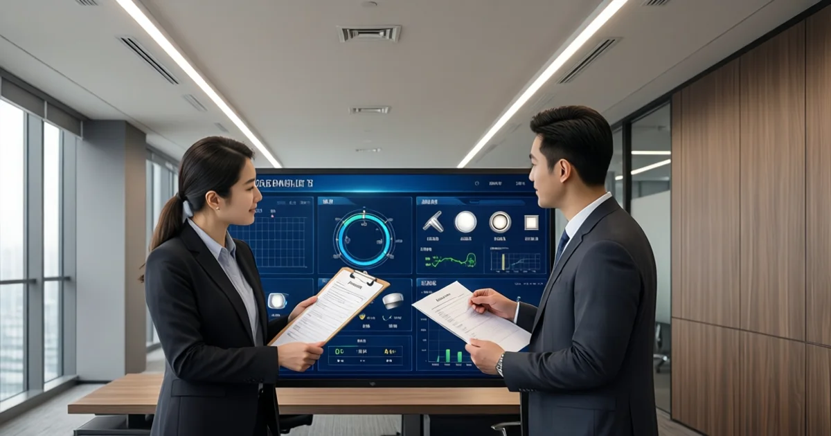 Commissioning team checking luminaire data and control-system handover records