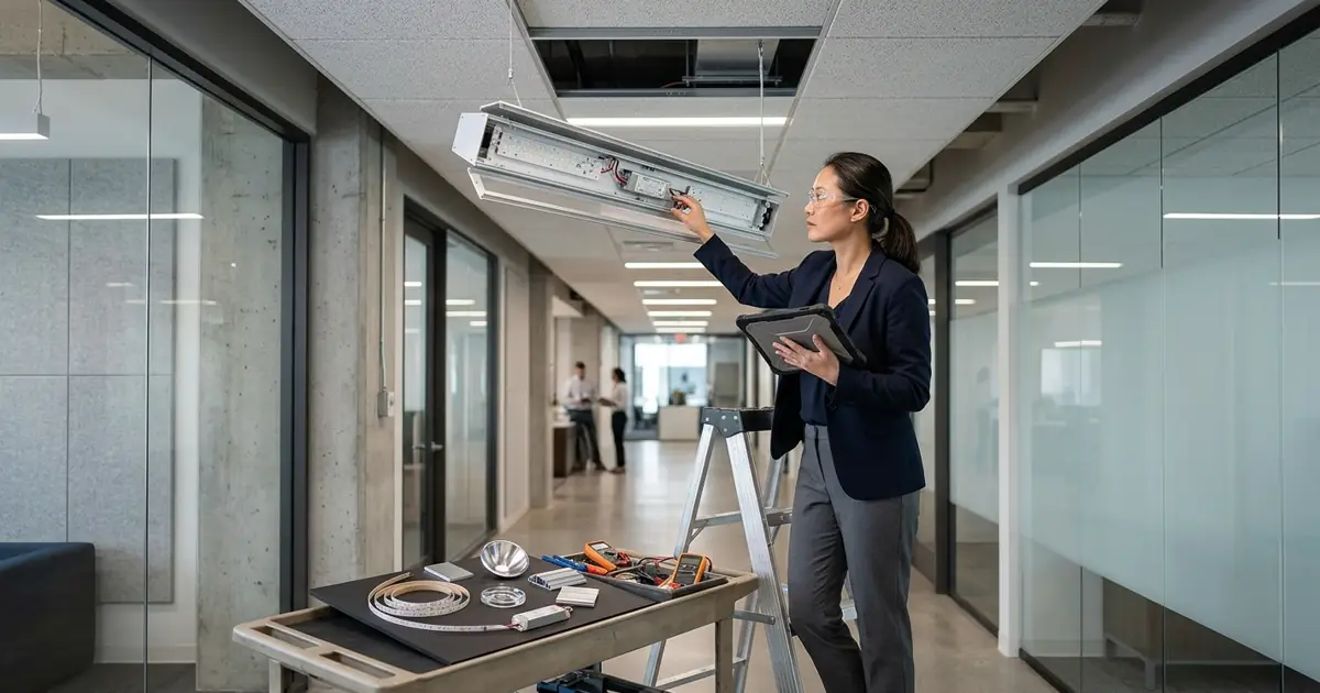 Facility manager checking maintenance and end-of-life information for installed luminaires