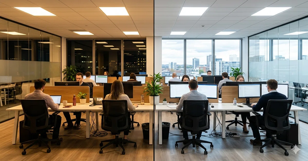 Side-by-side comparison of warm tunable white lighting and cool tunable white lighting in a commercial workspace showing the color temperature shift