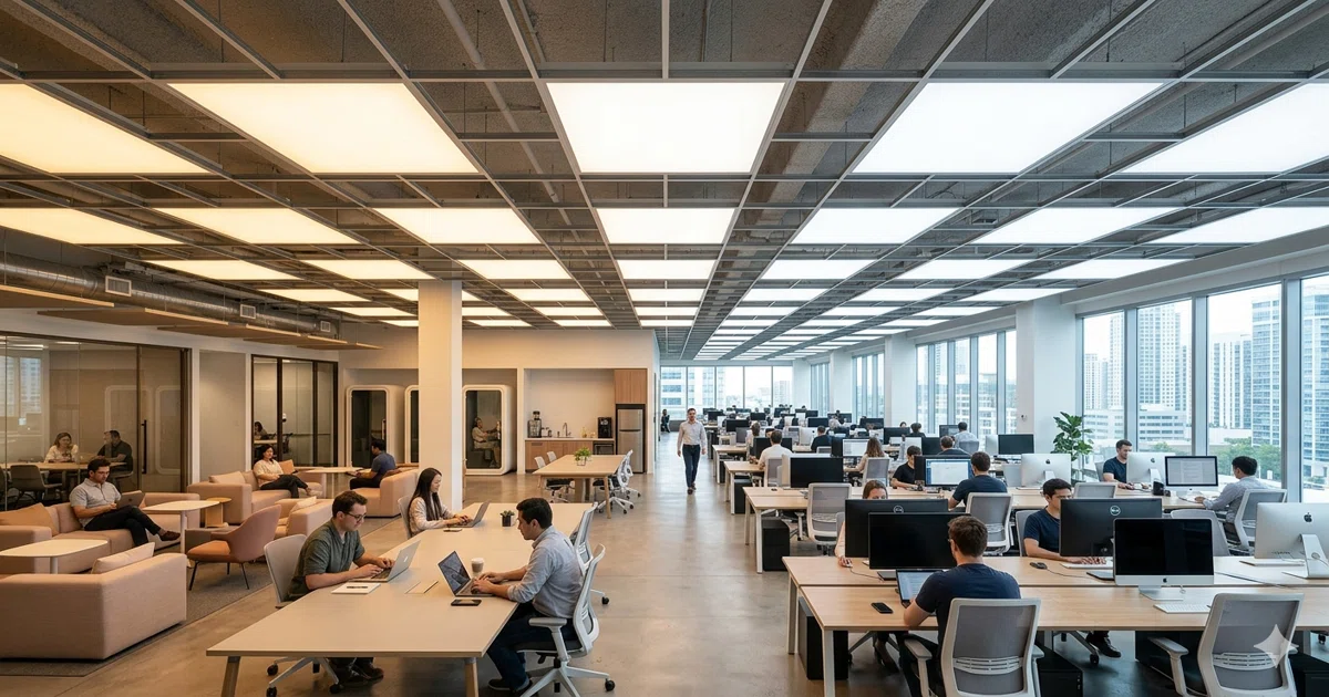 Modern office with tunable white LED panels providing human centric lighting that shifts color temperature throughout the workday