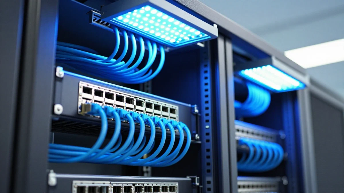 PoE lighting system architecture showing network switch, Ethernet cabling, and LED fixtures in a commercial office space
