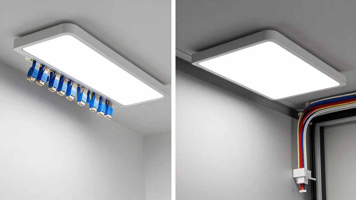 Comparison of PoE Ethernet cabling versus traditional AC electrical wiring for commercial LED lighting installation