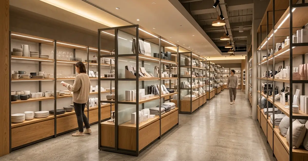 Retail display aisle illuminated for clear product visibility and comfortable customer movement