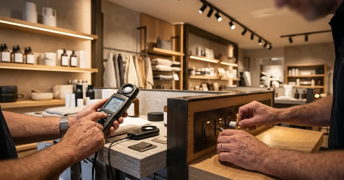 Lighting team checking vertical illumination and reflections on a retail display wall