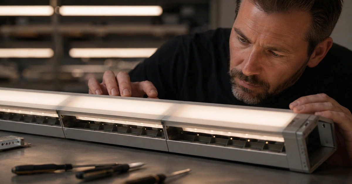 Technician inspecting a modular LED luminaire before replacement work