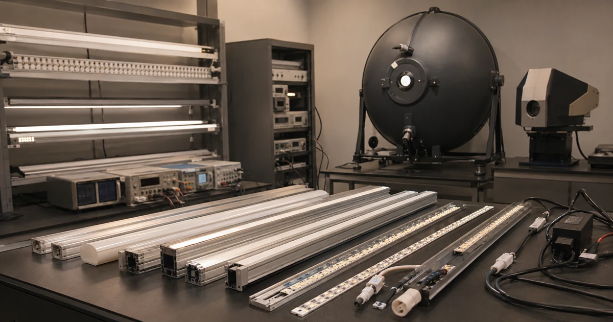 Rows of modular commercial luminaires arranged for compatibility and optical testing